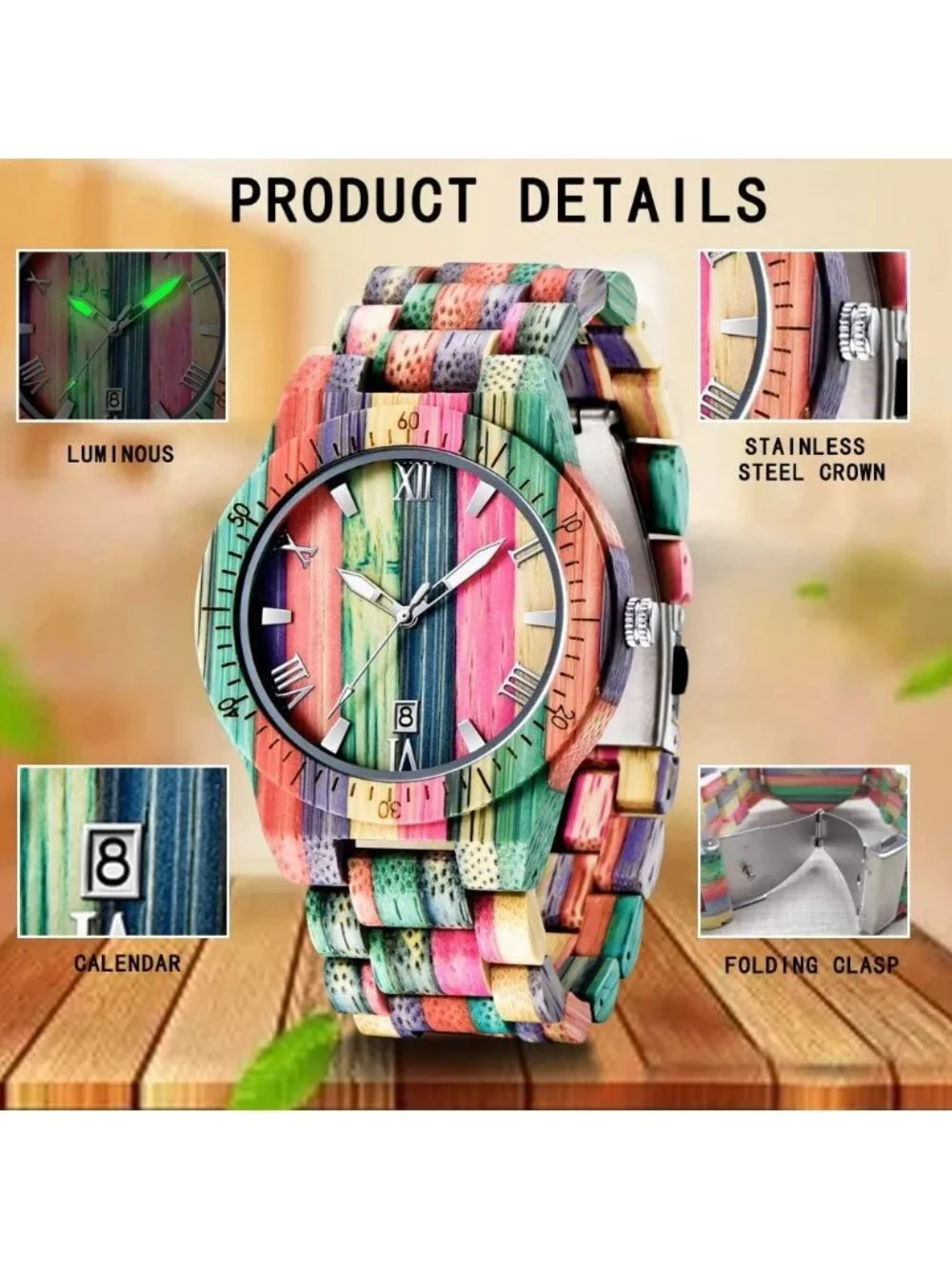 Men's Multi Color Analog Quartz Handmade Colorful Bamboo Engraved Wooden Watch